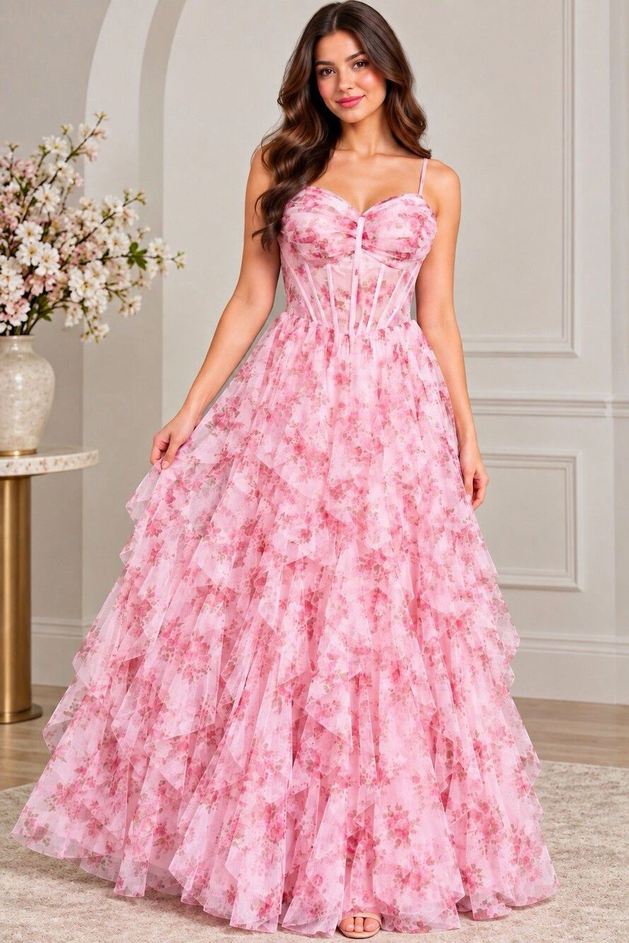 B. Darlin Floral Printed Mesh Sweetheart Corseted Tiered Ruffle Long Gown 9-10